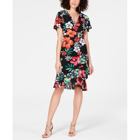 THALIA SODI Black Floral Faux-Wrap Ruffled Dress NWT SMALL - Picture 4 of 10